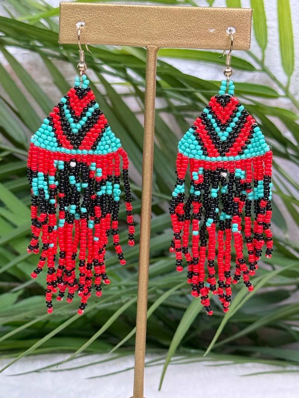 Boho Beaded Fringe Earrings Red Turquoise Black Statement Earrings